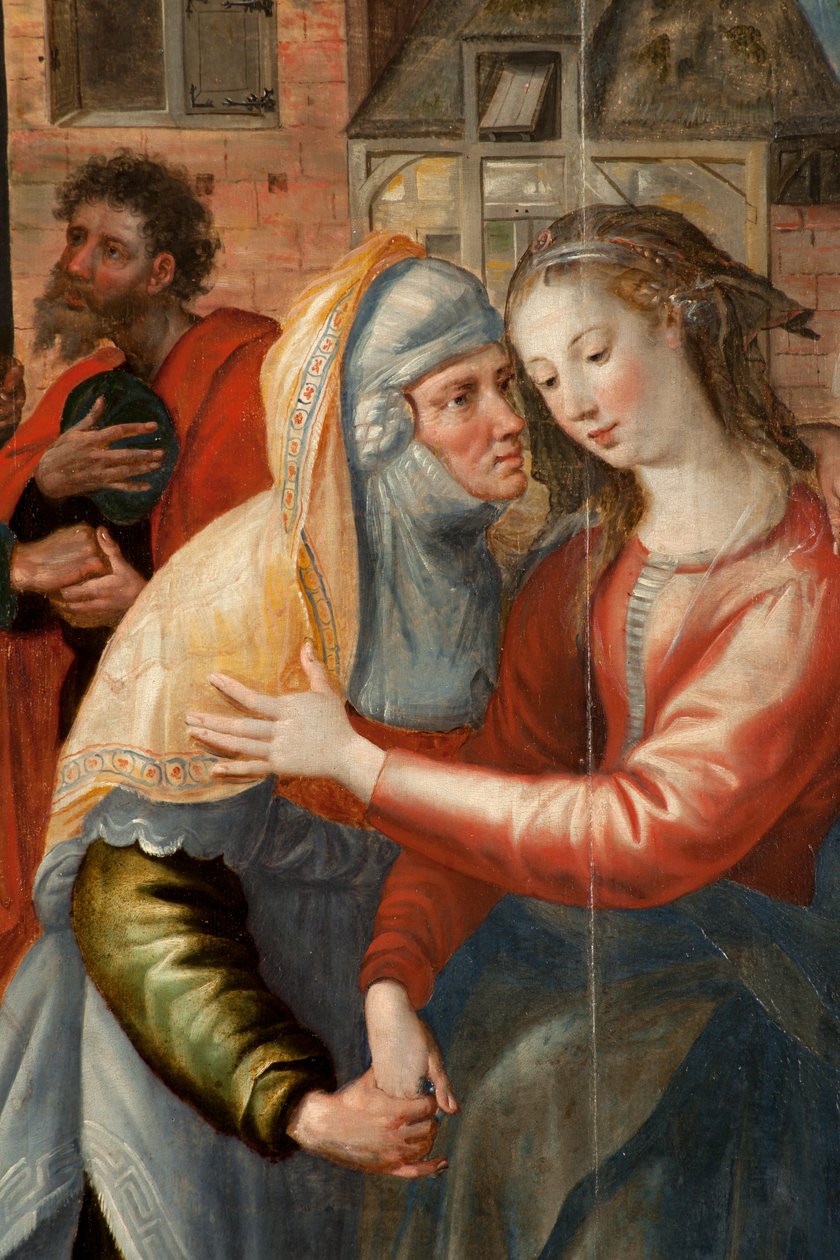 Tilbedelse af Magi, Triptykon, Venstre panel: Hellige Jomfrus liv, detaljer, maleri på træ af Maarten de Vos