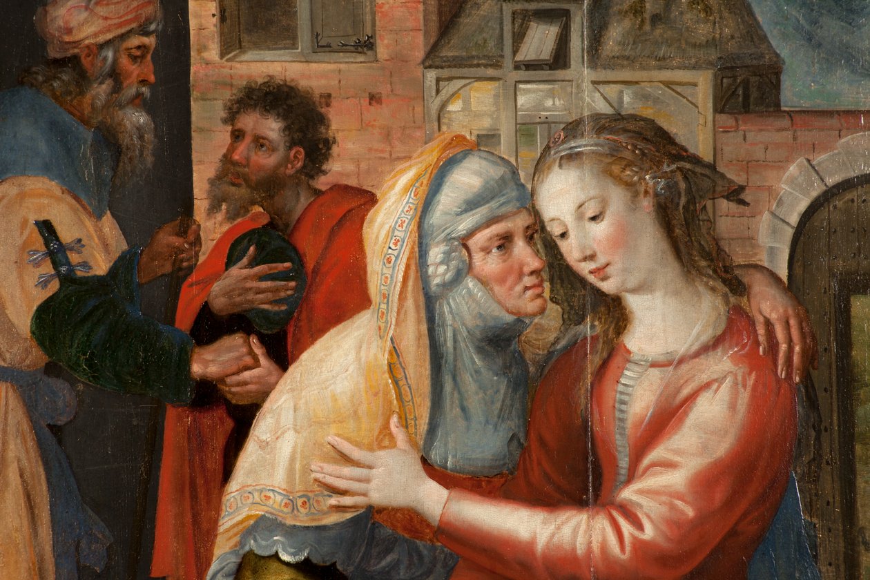 Tilbedelse af Magi, Triptykon, Venstre panel: Hellige Jomfrus liv, detaljer, maleri på træ af Maarten de Vos