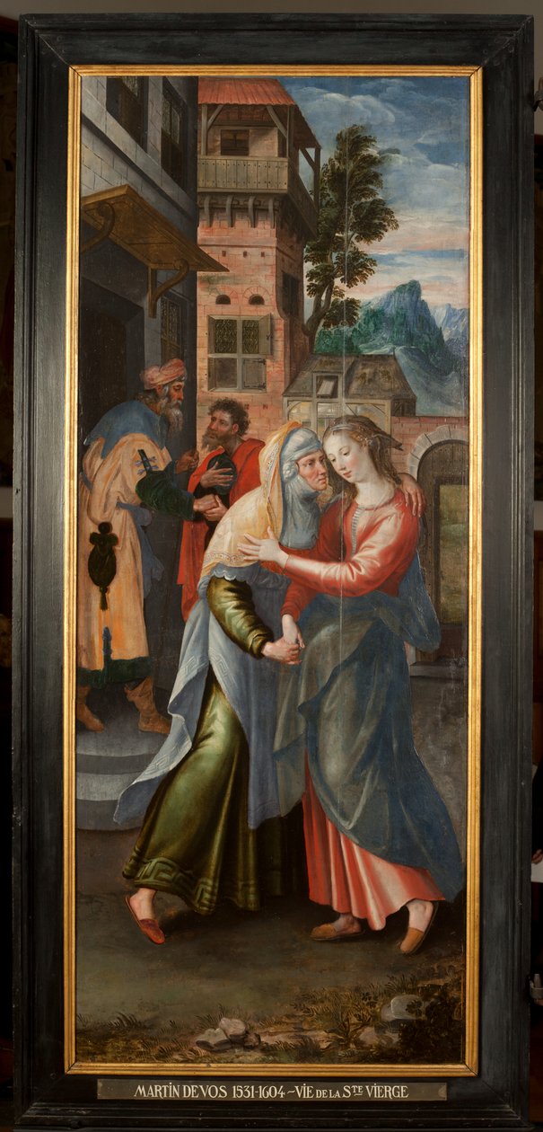 Tilbedelse af Magi, Triptykon, Venstre panel: Hellige Jomfrus liv, detaljer, maleri på træ af Maarten de Vos