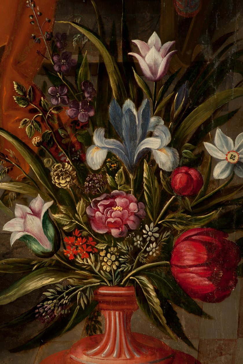 Tilbedelse af Magi, Triptykon, Venstre panel, bagside, detalje, maleri på træ af Maarten de Vos