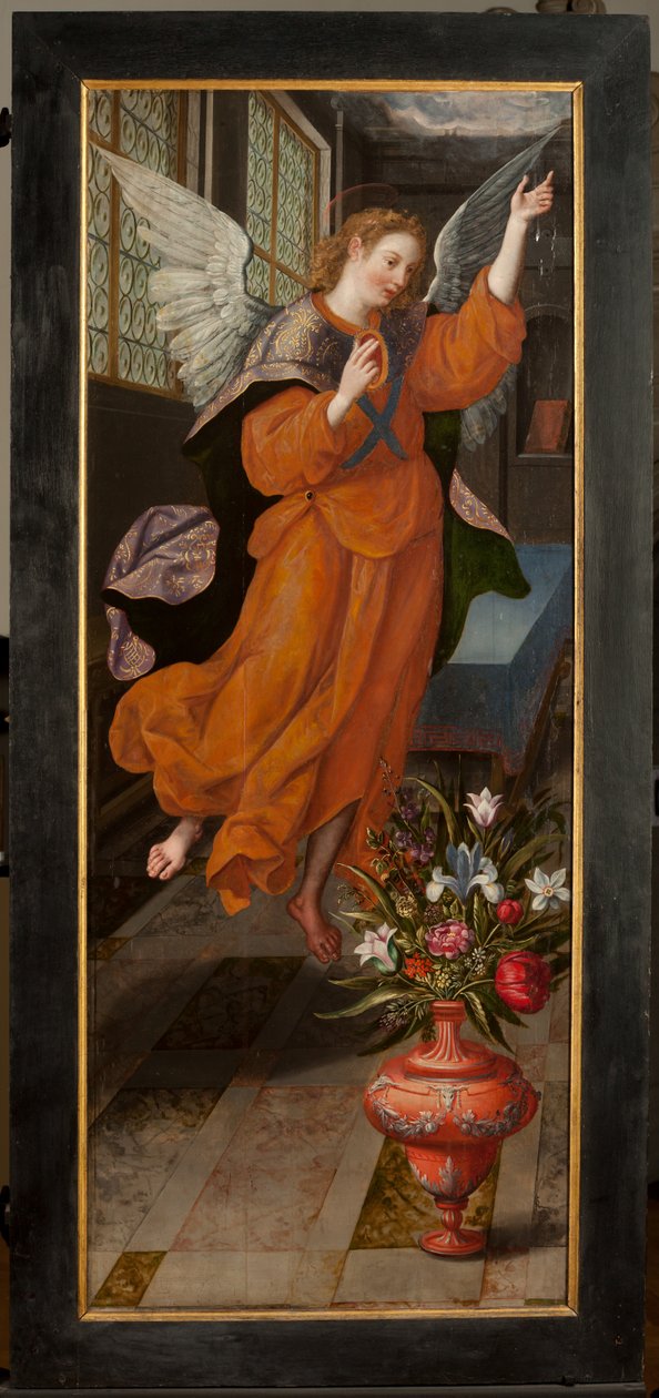 Tilbedelse af Magi, Triptykon, Venstre panel, bagside, maleri på træ af Maarten de Vos