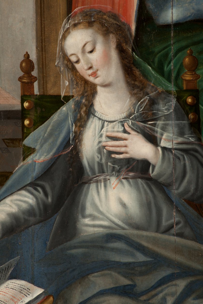 Tilbedelse af Magi, Triptykon, højre panel bagdel, detalje, maleri på træ af Maarten de Vos