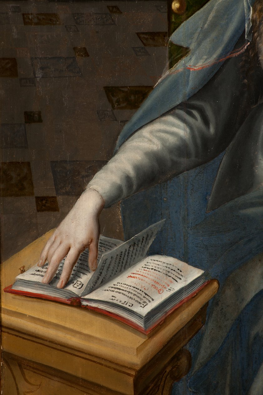Tilbedelse af Magi, Triptykon, højre panel bagdel, detalje, maleri på træ af Maarten de Vos