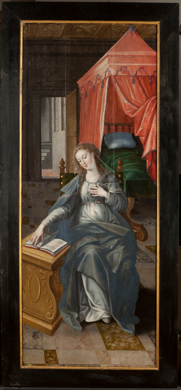 Tilbedelse af Magi, Triptykon, højre panel bagdel, maleri på træ af Maarten de Vos
