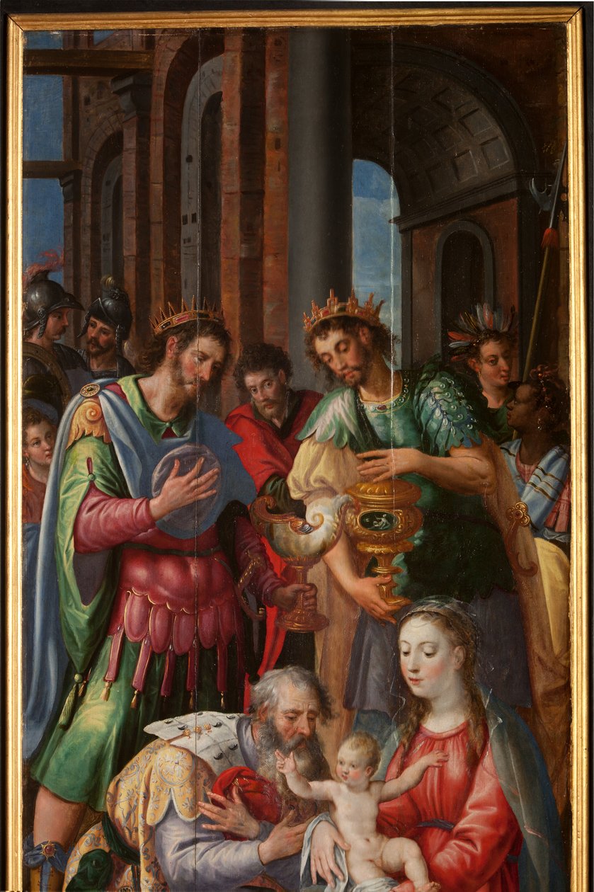 Tilbedelse af Magi, Triptykon, højre panel, detalje, maleri på træ af Maarten de Vos