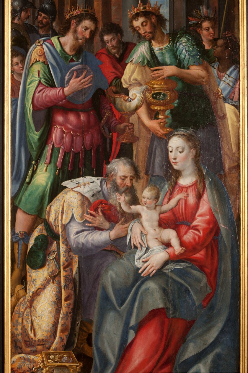 Tilbedelse af Magi, Triptykon, højre panel, detalje, maleri på træ af Maarten de Vos