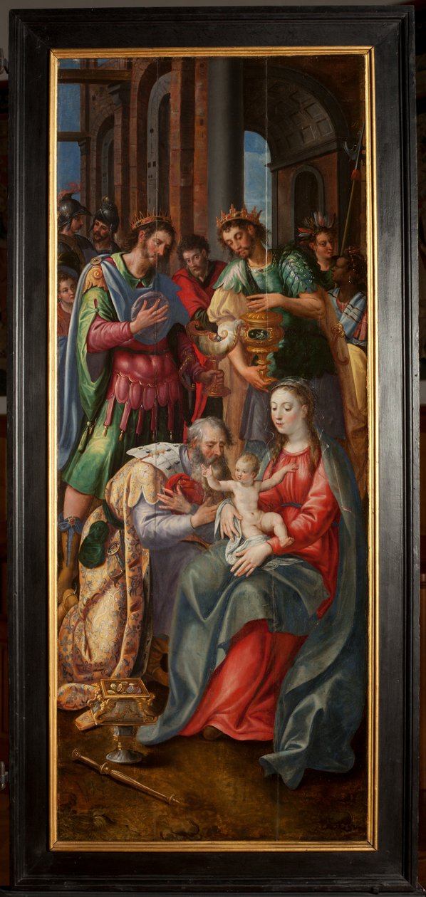Tilbedelse af Magi, Triptykon, højre panel, maleri på træ af Maarten de Vos