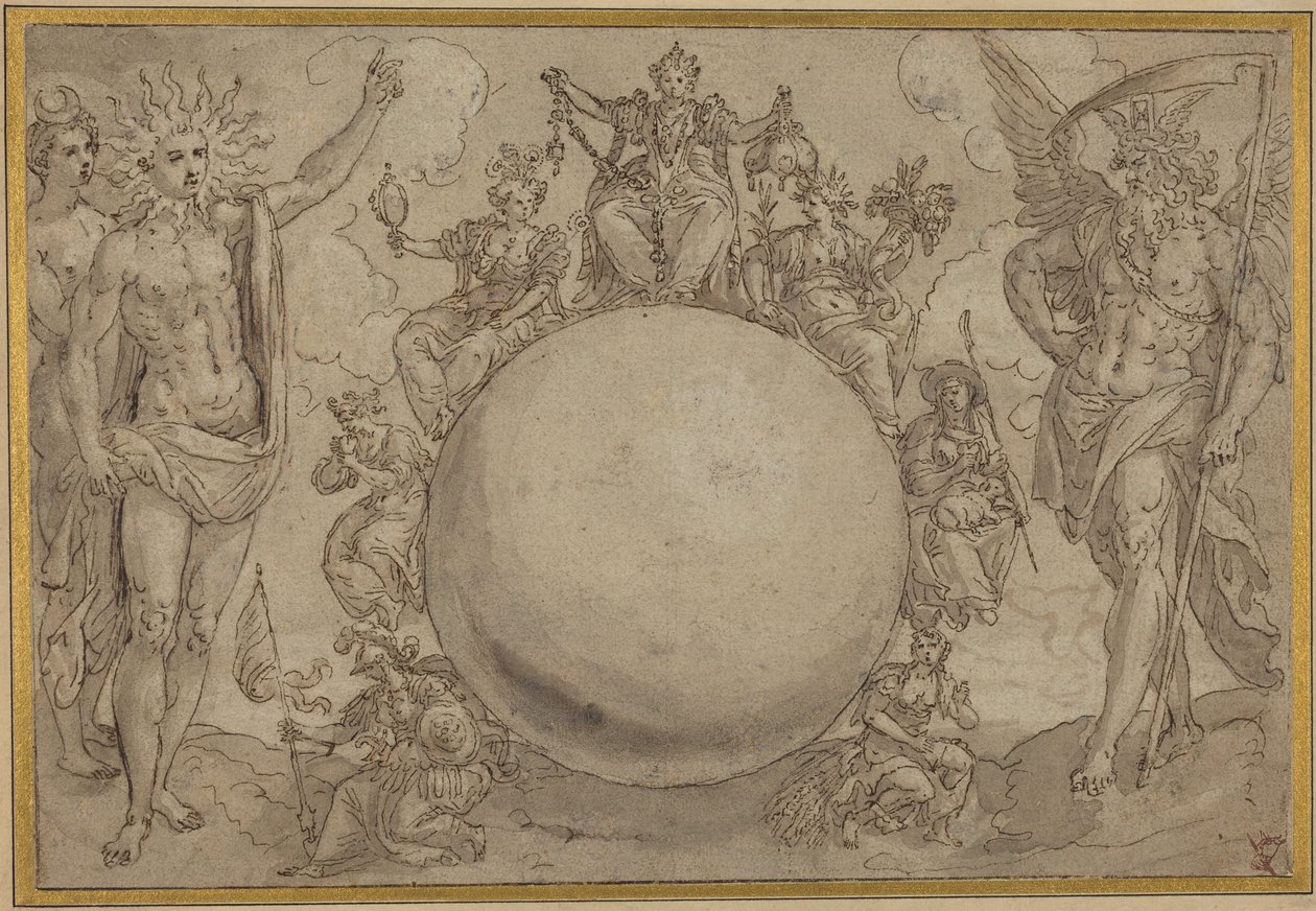 Apollo, Diana, and Time with the Cyclic Vicissitudes of Human Life, ca. 1561 (pen og brunt blæk med grå vask over spor af grafit, indridset til overførsel på lagenpapir) af Maarten de Vos