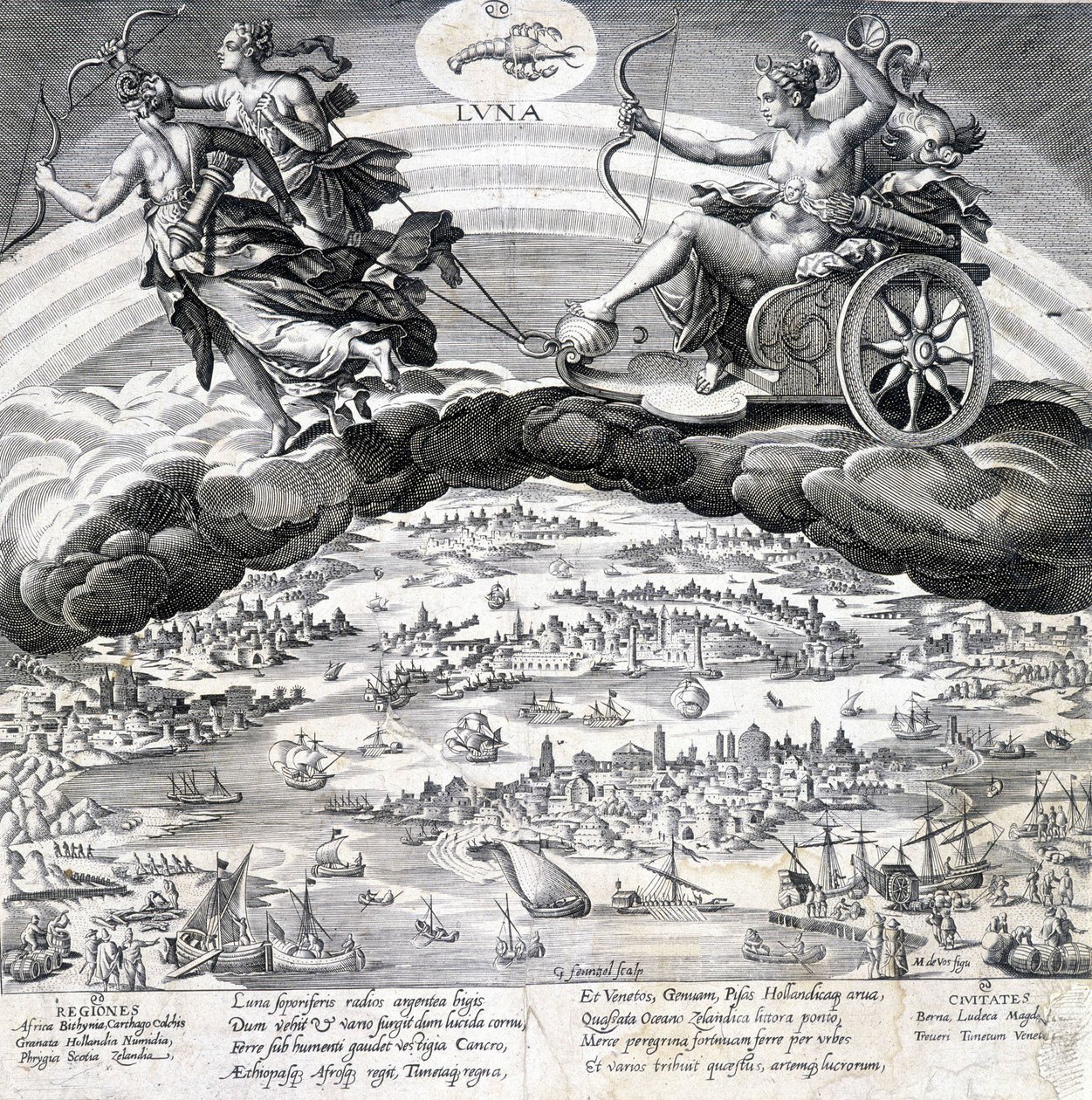 Luna: allegori over Månen (Diana) og Skorpionen, der er under dens indflydelse (stjernetegn) - gravering af Maerten de Vos (Marten de Vos, Marten de Vos) (1532-1603), n.d. af Maarten de Vos