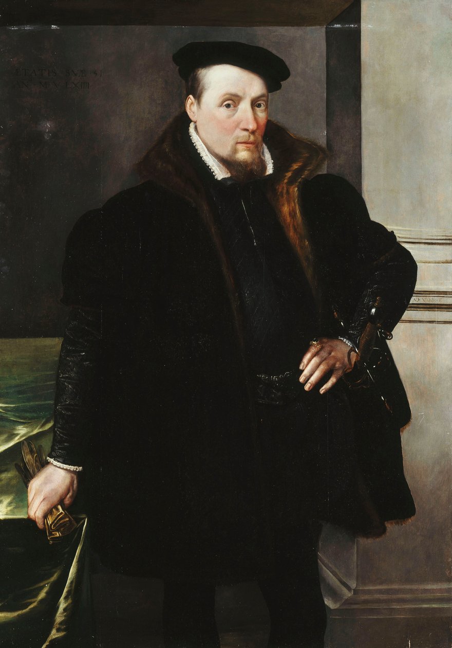 Portræt af en gentleman, trekvart længde, i en sort frakke med pelsfor, 1551 af Maarten de Vos