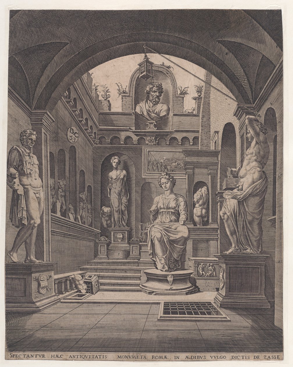 Skulpturer i Villa Sassi i Rom, kobberstik af Coornhert, Dirck Volckertsz (1519/22-1590) af Maarten van (after) Heemskerck