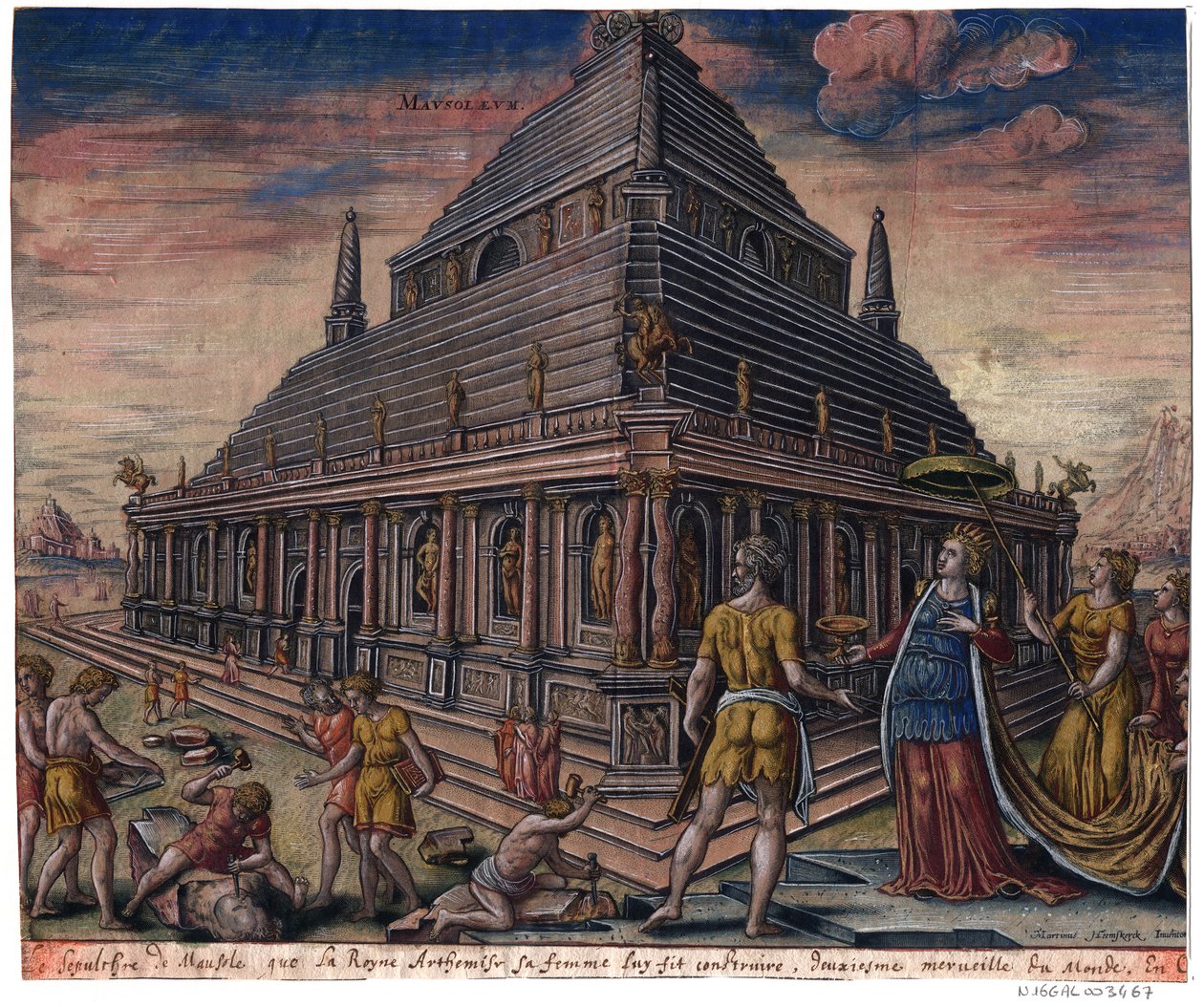 Mausoleet ved Halicarnassus (fra serien ""Verdens ottende vidundere") Efter Maarten van Heemskerck - Galle, Philipp (1537-1612) - 1572 - Radering, akvarel - Bibliotheque Municipale de Lyon af Maarten van (after) Heemskerck