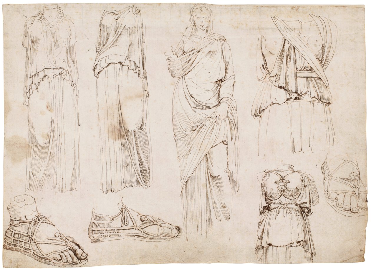 Kvindefigurer og sandaler, ca. 1498-1574 (rødt kridt, kuglepen og brunt blæk) af Maarten van Heemskerck (circle of)