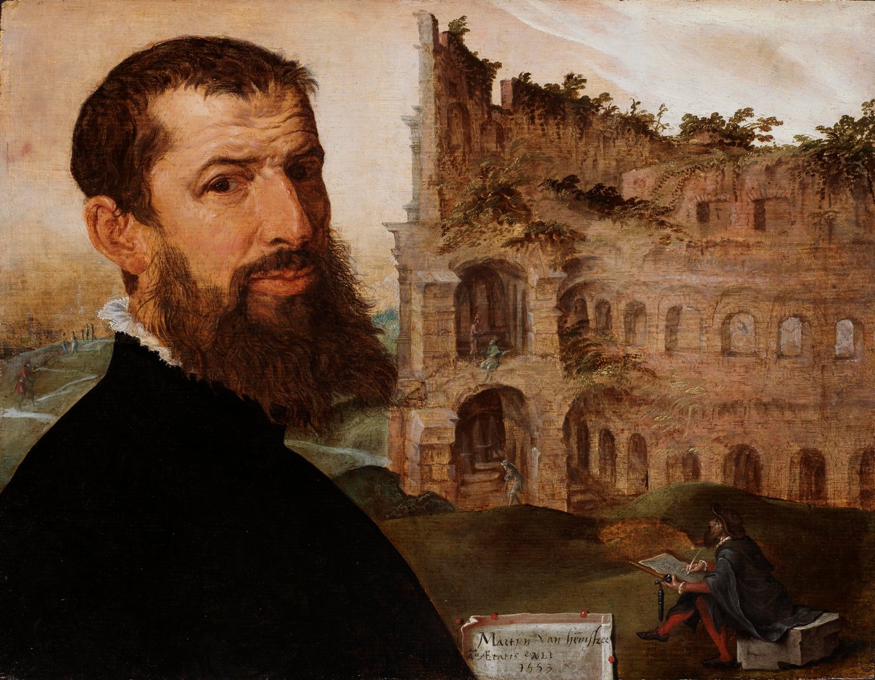 Tysk: Selbstporträt mit dem Kolosseum Selvportræt med Colosseum af Maarten van Heemskerck