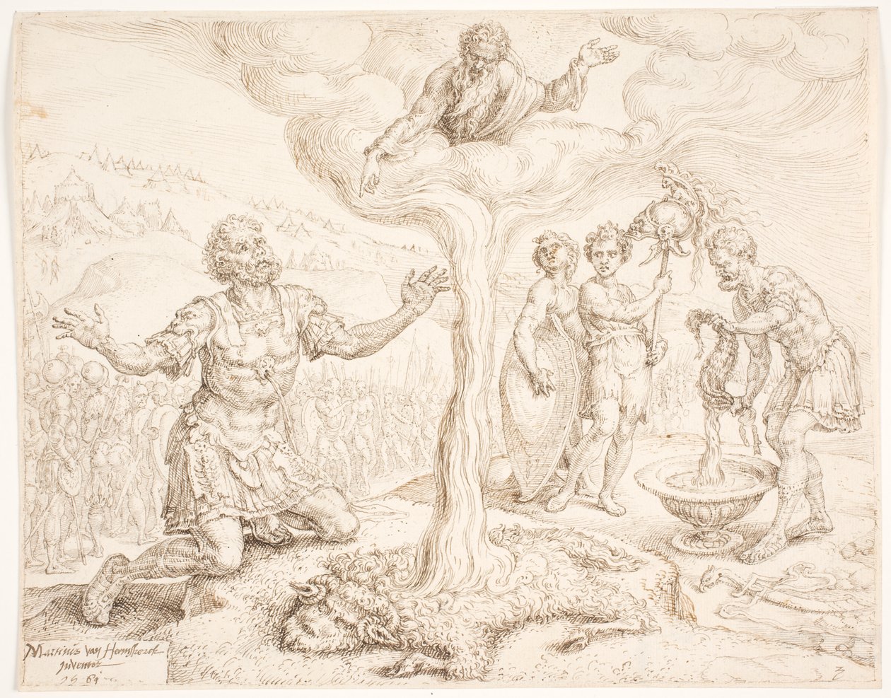 Gideon knæler i bøn (Historien om duggen og uldskindet) af Maarten van Heemskerck