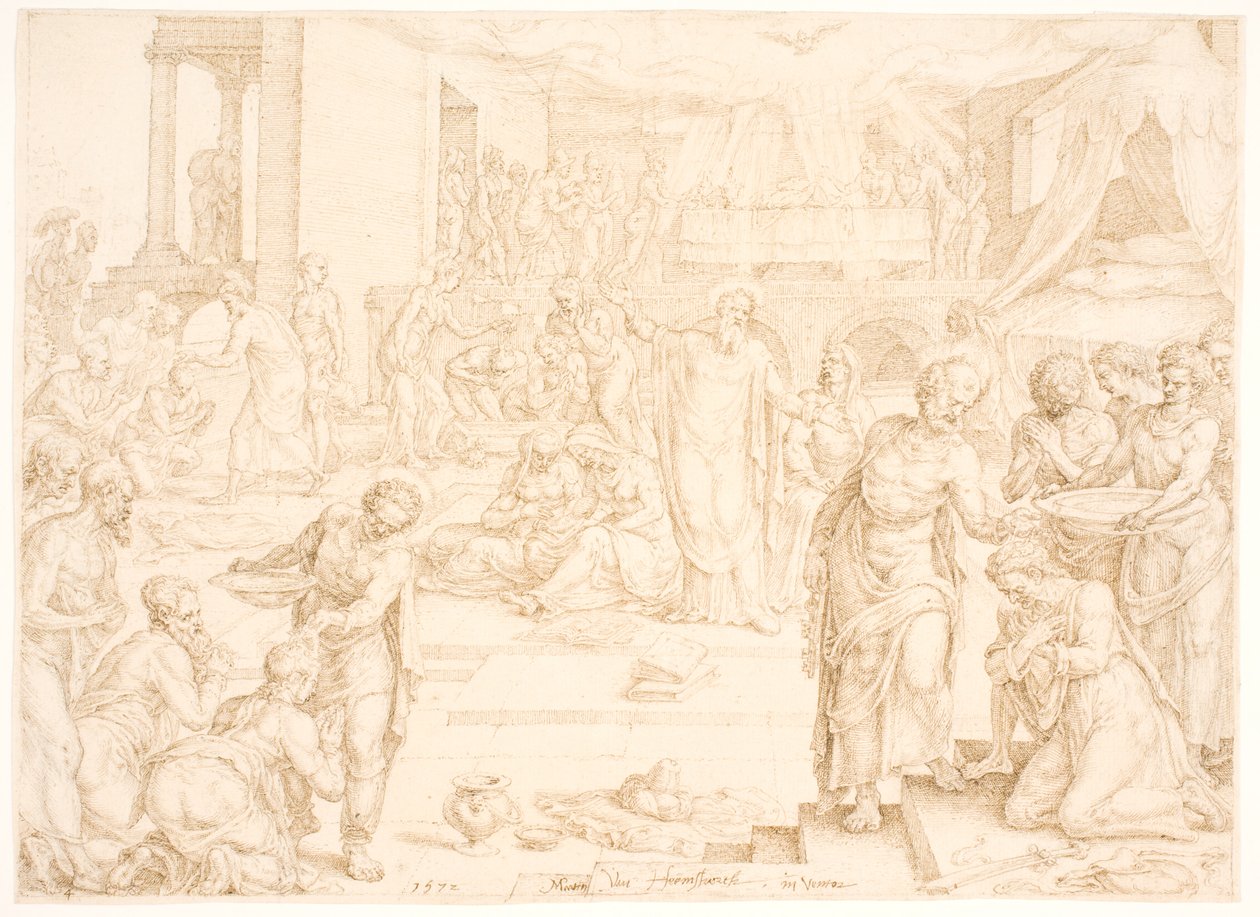Peter og de øvrige apostle døber menigheden i Jerusalem af Maarten van Heemskerck