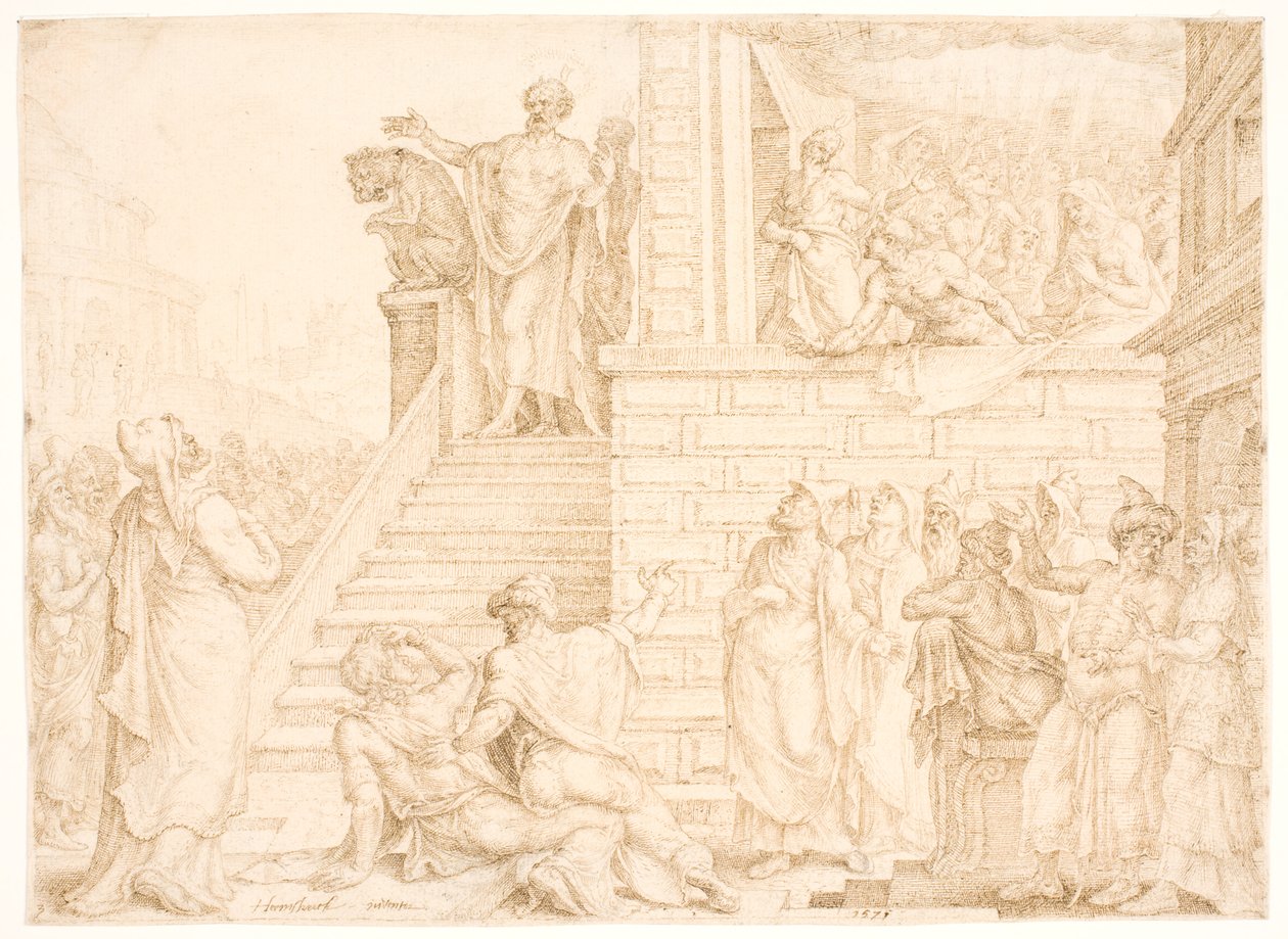 Peter prædiker i Jerusalem af Maarten van Heemskerck