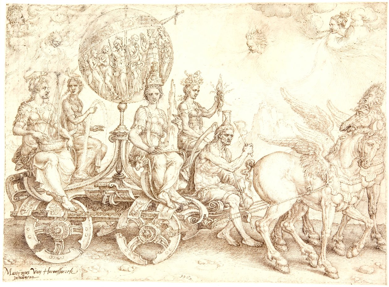 Triumfvogn. Mundus (Verden). (En allegori over de fire elementer) af Maarten van Heemskerck