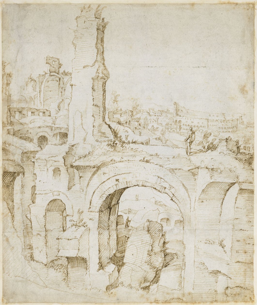 Udsigt fra Domus Severiana til Colosseum af Maarten van Heemskerck