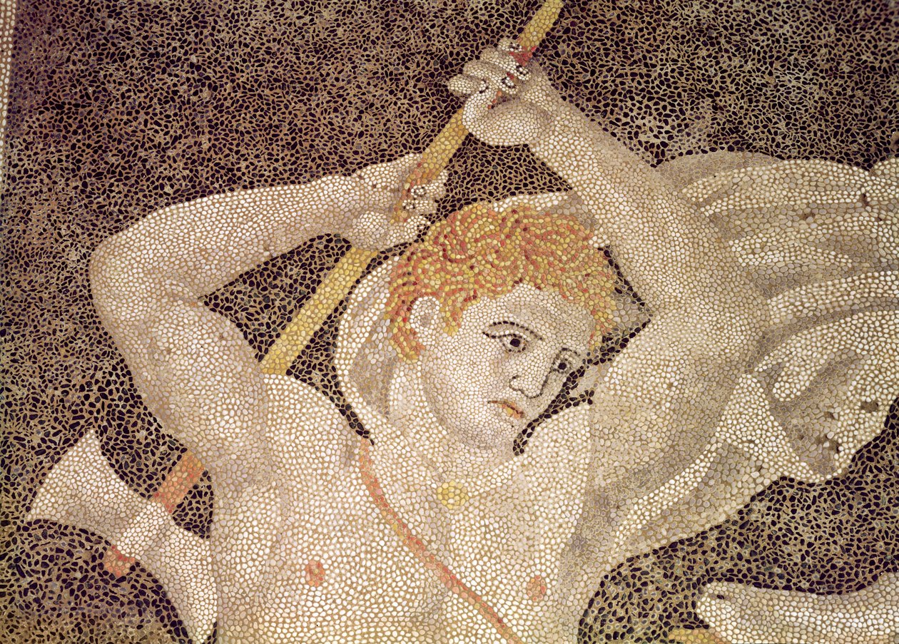 Jagten på hjorten, detalje af en jæger, fra mosaikken "House of the Abduction of Helen af Macedonian School