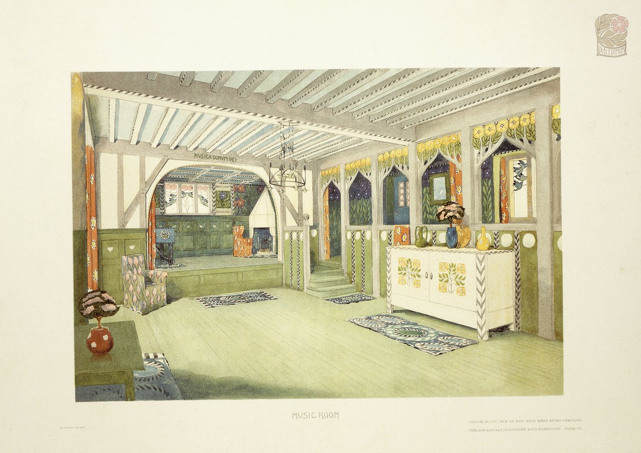 Music Room, Isle of Man, ca. 1901 (farvelitografi) af Mackay Hugh (after) Baillie Scott