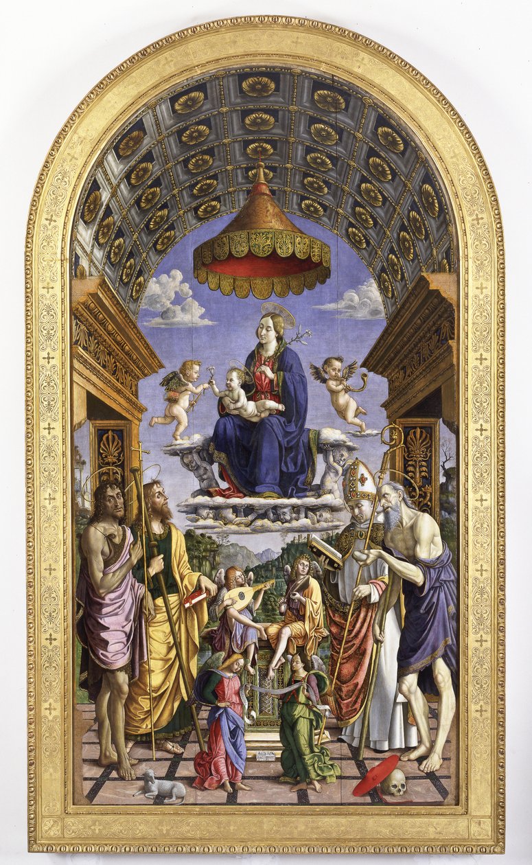 Madonna og barn i herlighed, musikerengle og helgener Johannes Døberen, James, Ugo og Hieronymus, 1498 af Macrino dAlba