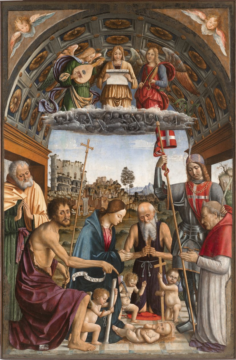 Madonna i tilbedelse af barnet med putti, der bærer lidenskabens symboler, musikerengle, de hellige Josef, Johannes Døberen, Hieronymus, Solutor og donoren Amedeo af Romagnano, af Macrino dAlba
