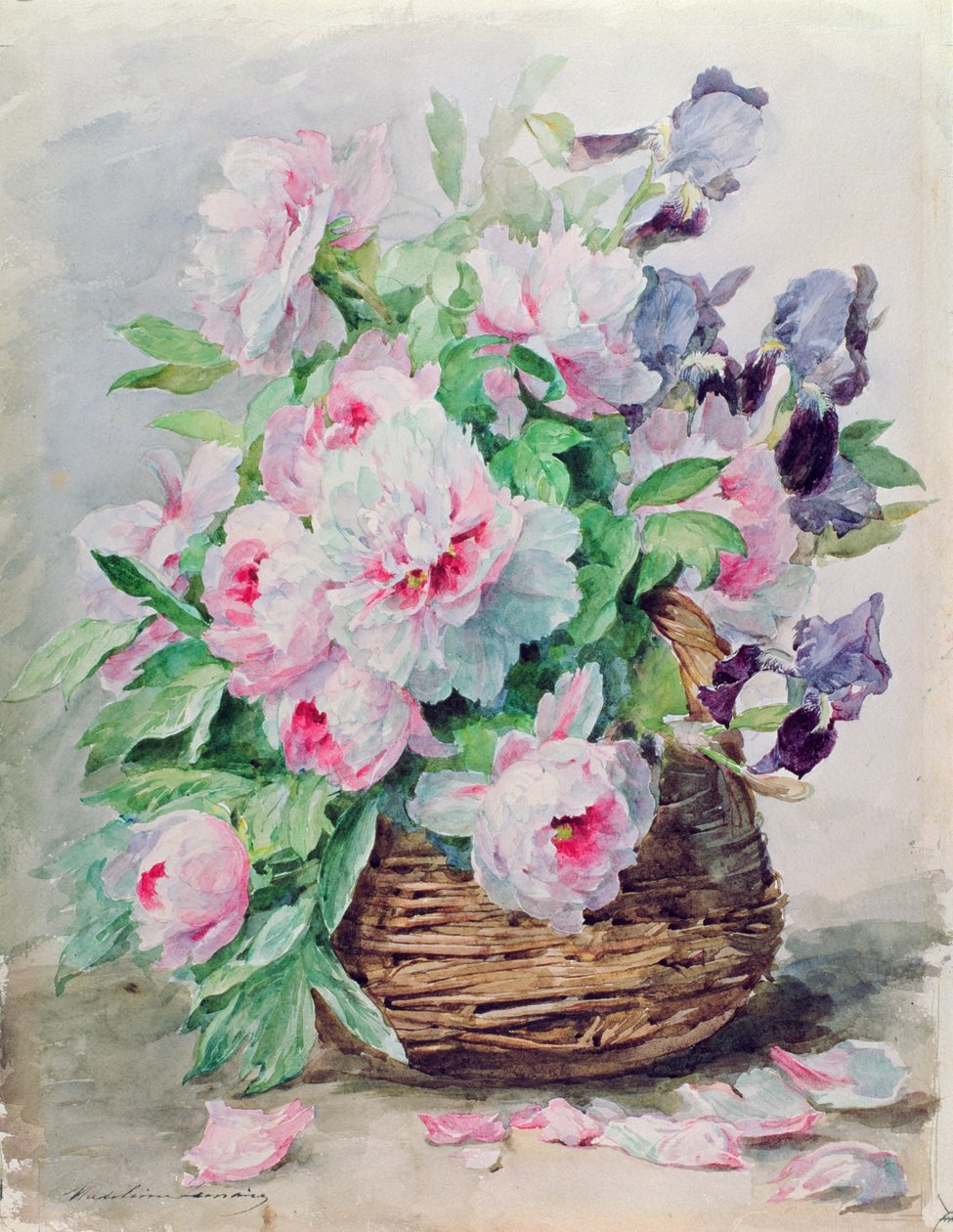 Iris og pæoner i en kurv (wc og gouache på papir) af Madeleine Lemaire