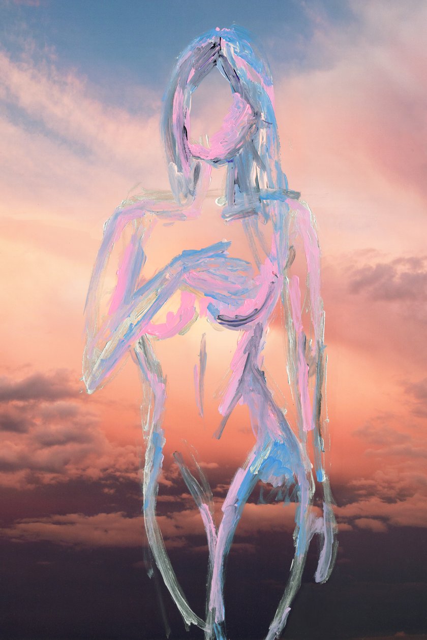 In The Clouds, 2019 (akrylmaling på arkivbestandigt pigmentprint) af Madeleine Gross