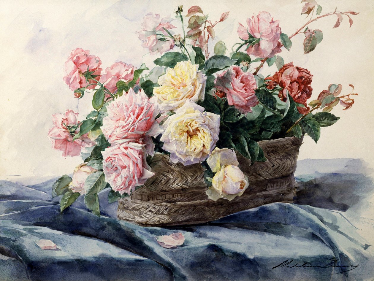 Kurv med roser. Maleri af Madeleine Jeanne Lemaire (1845-1928) Privat samling. af Madeleine Lemaire