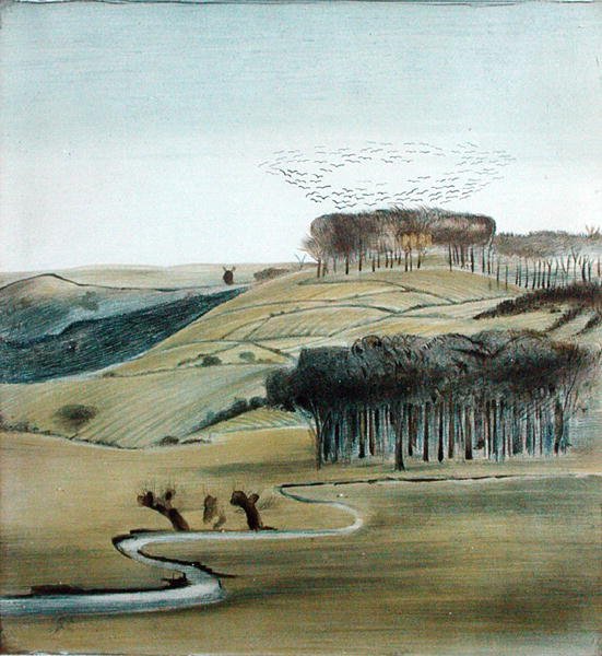 Landskab med flok af røge (blyant, pen og blæk og akvarel på papir) af Madeline Wyndham