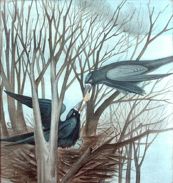 Two Rooks fodring i et træ (blyant og akvarel på papir) af Madeline Wyndham