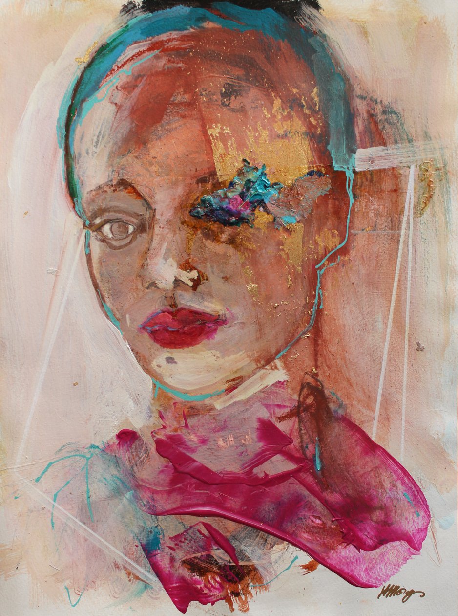 Lost In Thought 2, 2020 (akryl, pastel og bladguld på papir) af Madgalena Morey