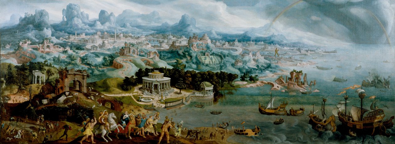 Panorama med bortførelsen af Helen midt i vidunderne i den antikke verden af Maerten van Heemskerck