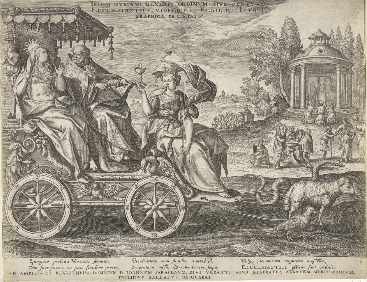 Allegory of the First Estate, graveret af Adriaen Collaert efter Maarten de Vos og udgivet af Philip Galle; dedikeret til Jean Sarrazin af Maarten de Vos