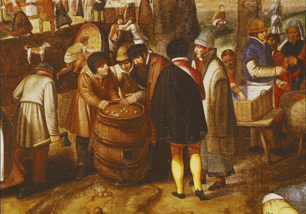 Flemish Fair, detalje af mænd, der spiller terninger af Maerten van Cleve