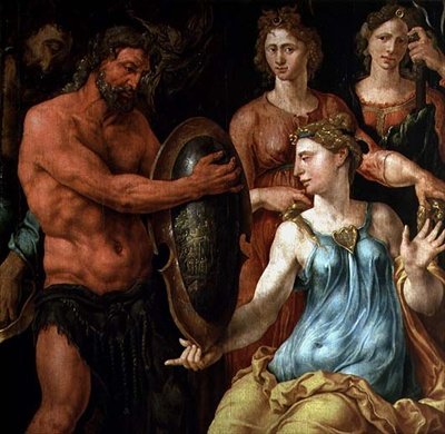 Vulcan viser guderne sin fangst af Venus og Mars i sine net, ca. 1536 (panel) af Maerten van Heemskerck