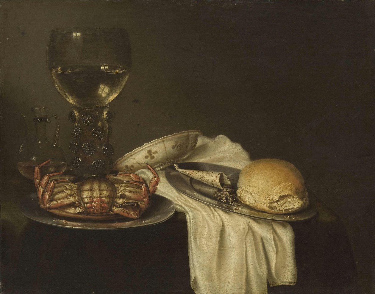 Hollandsk: Stilleben med krabbe, Roemer, brød og porcelæn Stilleben med en Roemer af Maerten Boelema de Stomme