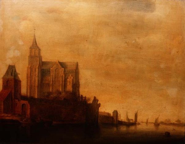 Groote Kerk med udsigt over hovedtårnet, Emmerich i et flodlandskab med sejlbåde af Maerten Fransz van der Hulst