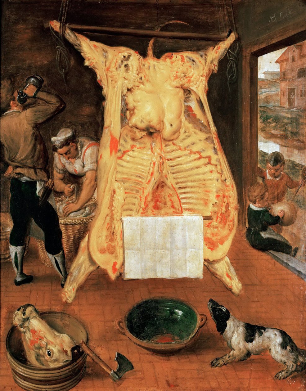 Le boeuf abattu - Den slagtede okse - Marten van Cleve (van Cleef), den ældre (1527-1581). Olie på træ af Maerten van Cleve