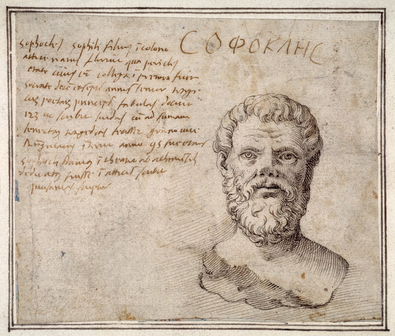 Antik buste af Sophocles, kommenteret, efter Fulvio Orsini (pen og blæk på papir) af Maerten van Heemskerck