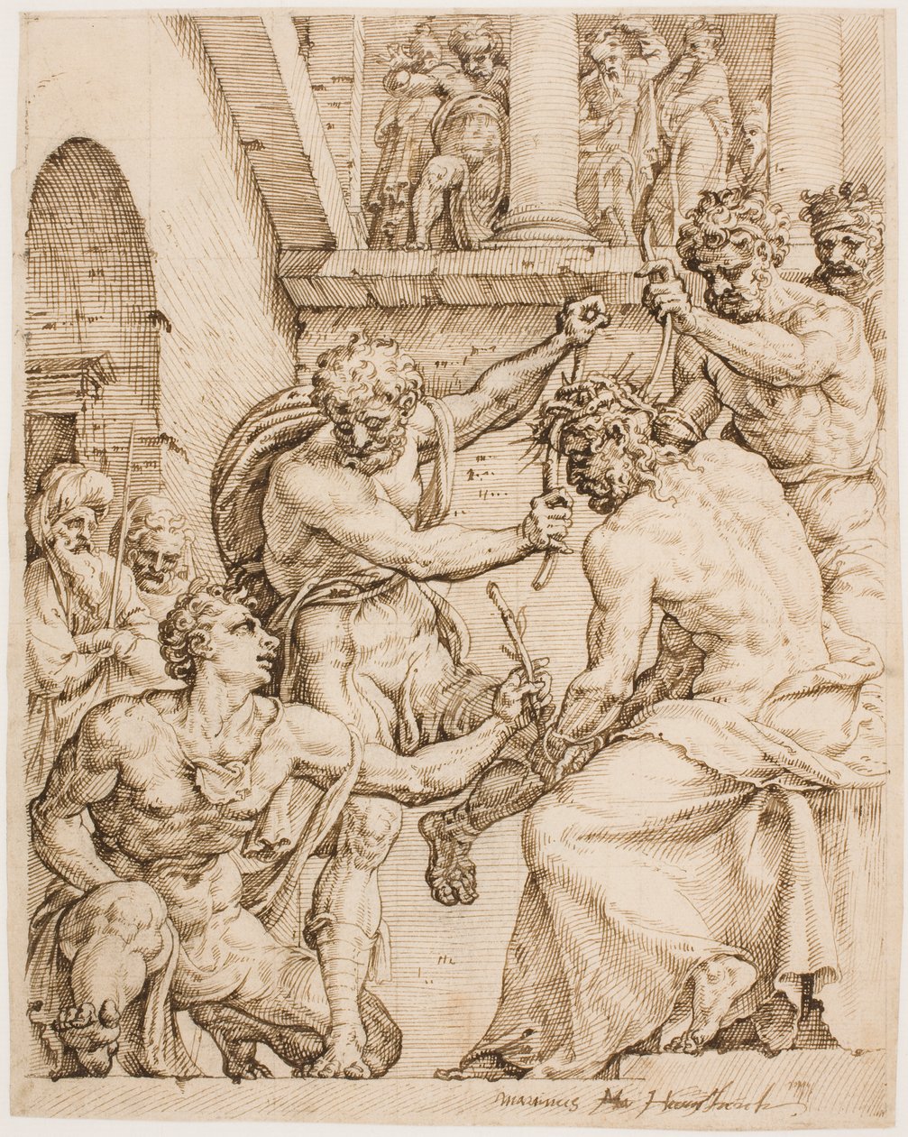 Kristus bliver kronet med torne, ca. 1548 (Pen, brunt blæk og sort kridt på buff-papir) af Maerten van Heemskerck