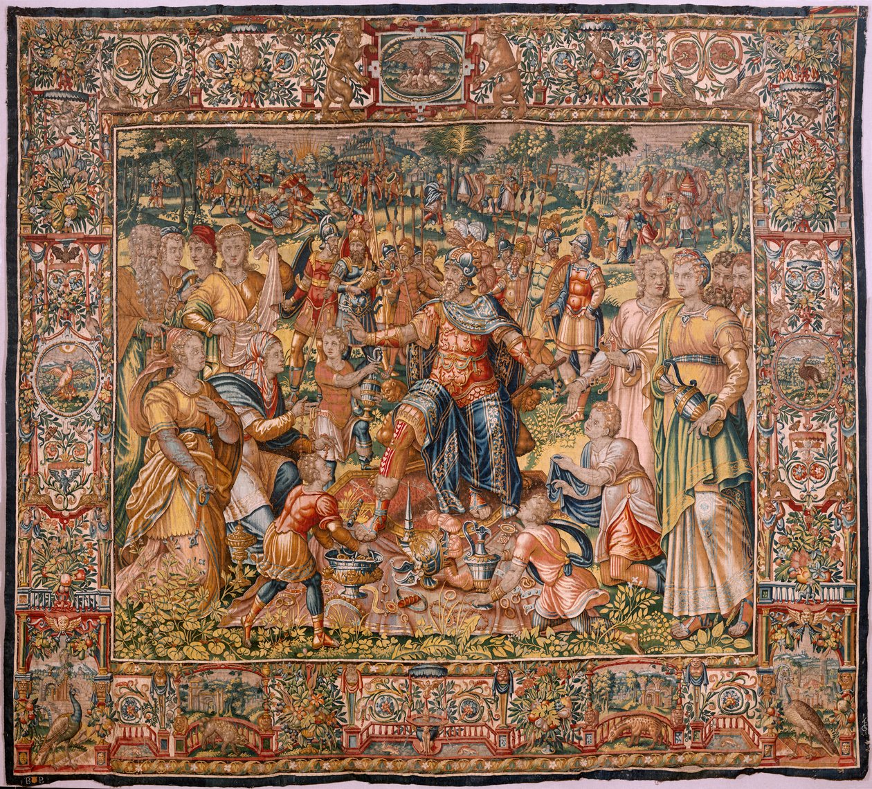 Stiftsmuseum (Stiftsmuseet). flamsk gobelin. Bruxelles. François Geubels værksted. Serien Historien om Gideon. Israelitterne giver deres del af byttet til Gideon. Silke og uld. Legat af Bisho af Maerten van Heemskerck