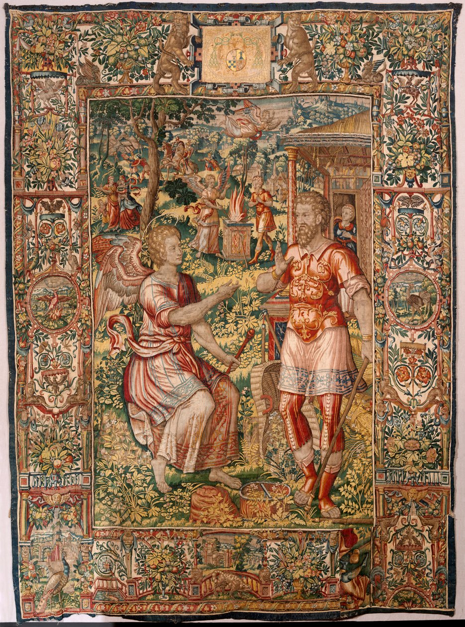 Stiftsmuseum (Museo Diocesano). flamsk gobelin. Bruxelles. Atelier François Geubels. Serien Story of Gideon. Gideon og englen (Gedeón y el ángel). Silke og uld. Legat fra biskop Vicente Roca de la Serna. Barok. 1534-1571, i domkirken siden af Maerten van Heemskerck