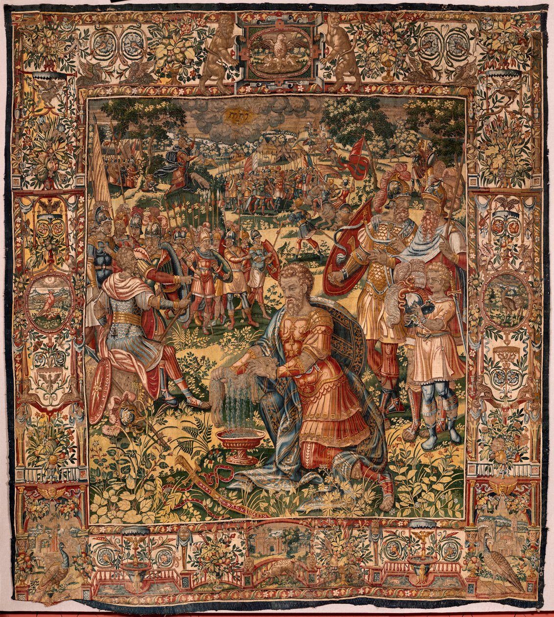 Stiftsmuseum (Museo Diocesano). flamsk gobelin. Bruxelles. Atelier François Geubels. Serien Story of Gideon. Miraklet med den uldne fleece (Prueba del vellón de lana). Silke og uld. Legat fra biskop Vicente Roca de la Serna. Barok. 1534-1571, dvs af Maerten van Heemskerck
