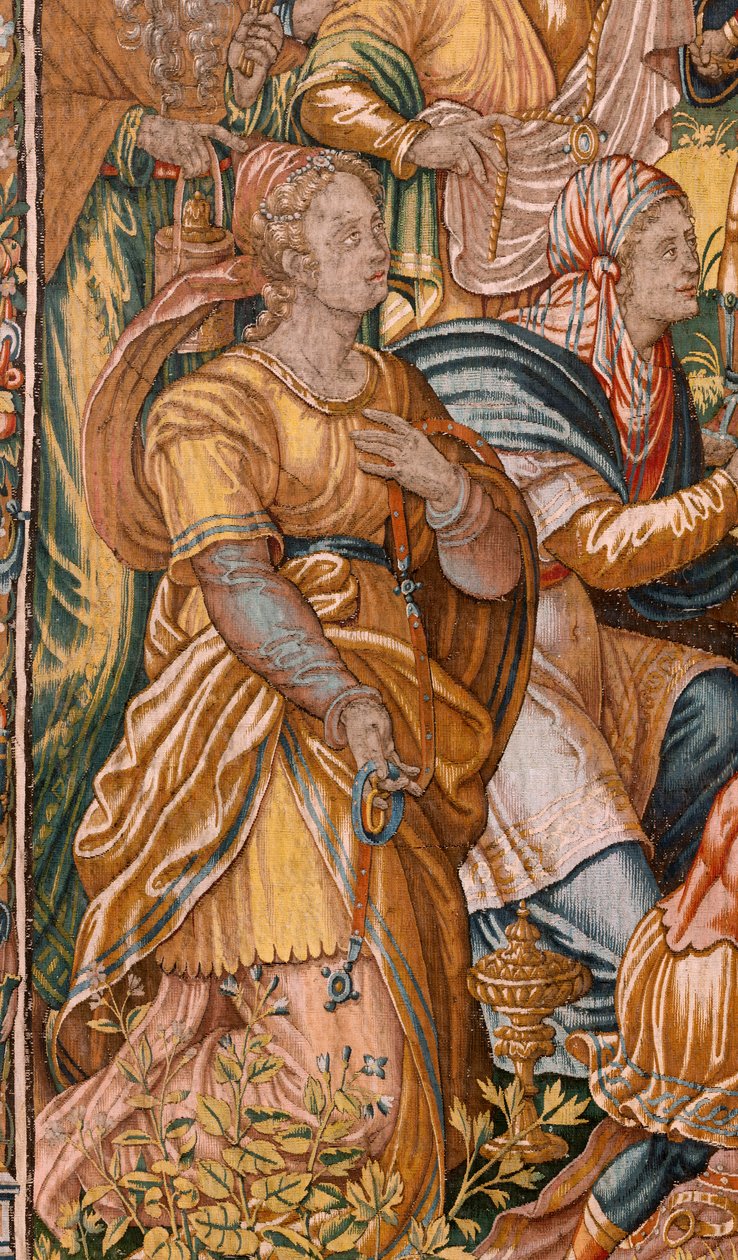 Stiftsmuseum (Stiftsmuseet). flamsk gobelin. Bruxelles. François Geubels værksted. Serien Historien om Gideon. Israelitterne giver deres del af byttet til Gideon. Silke og uld. Legat af Bisho af Maerten van Heemskerck