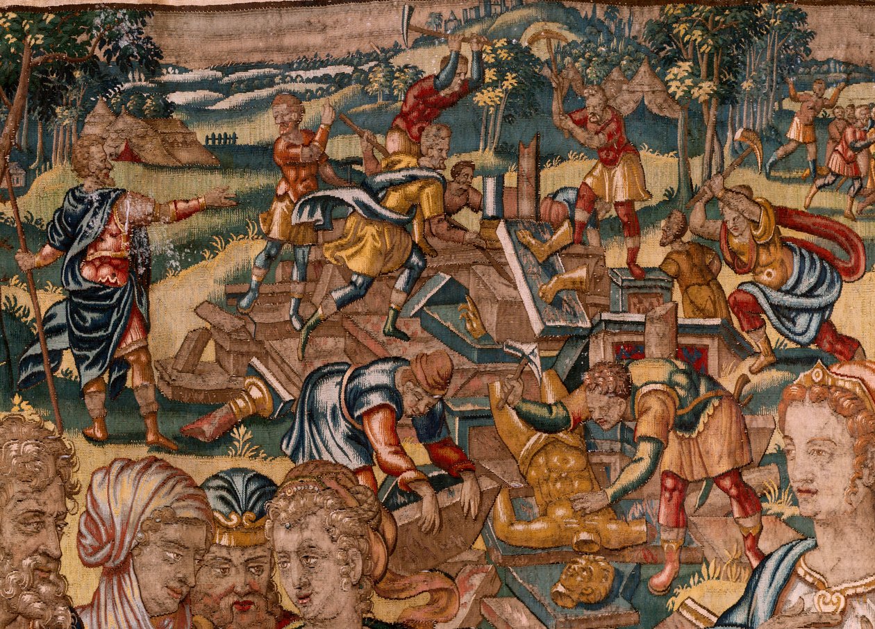 Stiftsmuseum (Stiftsmuseet). flamsk gobelin. Bruxelles. François Geubels værksted. Serien Historien om Gideon. Joash får at vide, at Gideon har ødelagt Ba