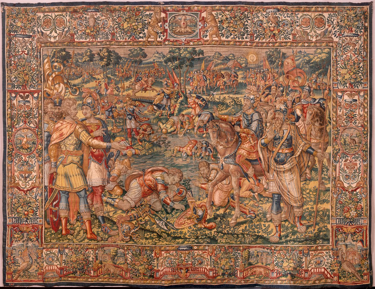 Stiftsmuseum. flamsk gobelin. Bruxelles. Atelier Francois Geubels. Serien Story of Gideon. Krigerne er udvalgt. Silke og uld. Legat fra biskop Vicente Roca de la Serna. Barok. 1534-1571, i ca af Maerten van Heemskerck