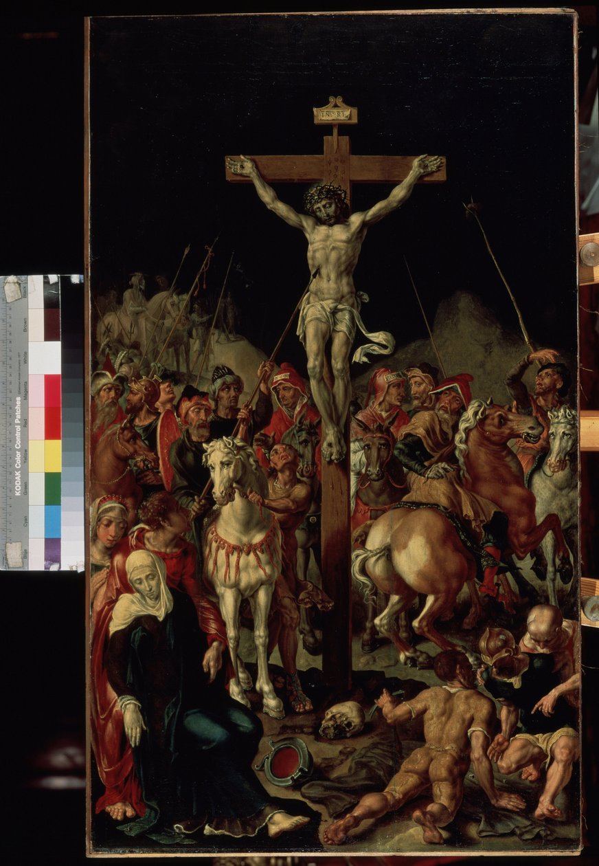 ""Golgata"" (Golgata) Korsfæstelsen. Indskriften ""INRI"" på korset. Centralpanel af en triptykon. Maleri af Maarten van Heemskerck (Maerten Heemskerk van Veen) (Marten, Martin) (1498-1574) 1545-1550 Dim. 100,7x58,3 cm Eremitagemuseet, Sain af Maerten van Heemskerck