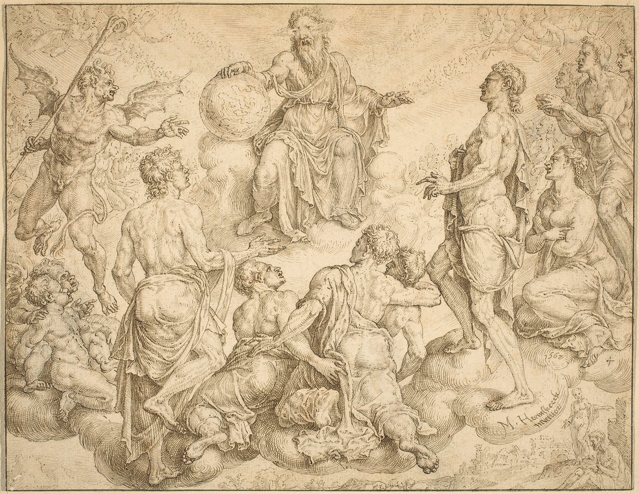 Satan udfordrer Gud til at fjerne hans beskyttelse fra Job af Maerten van Heemskerck